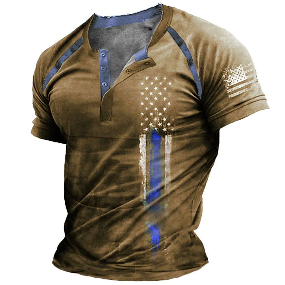 Mens Fashion Clothes - Lustiges 3D-amerikanische-Flaggen-Print Herren-Henley-Shirt, modisches Henley-Kragen-Kurzarmshirt, Sommer-Streetwear,