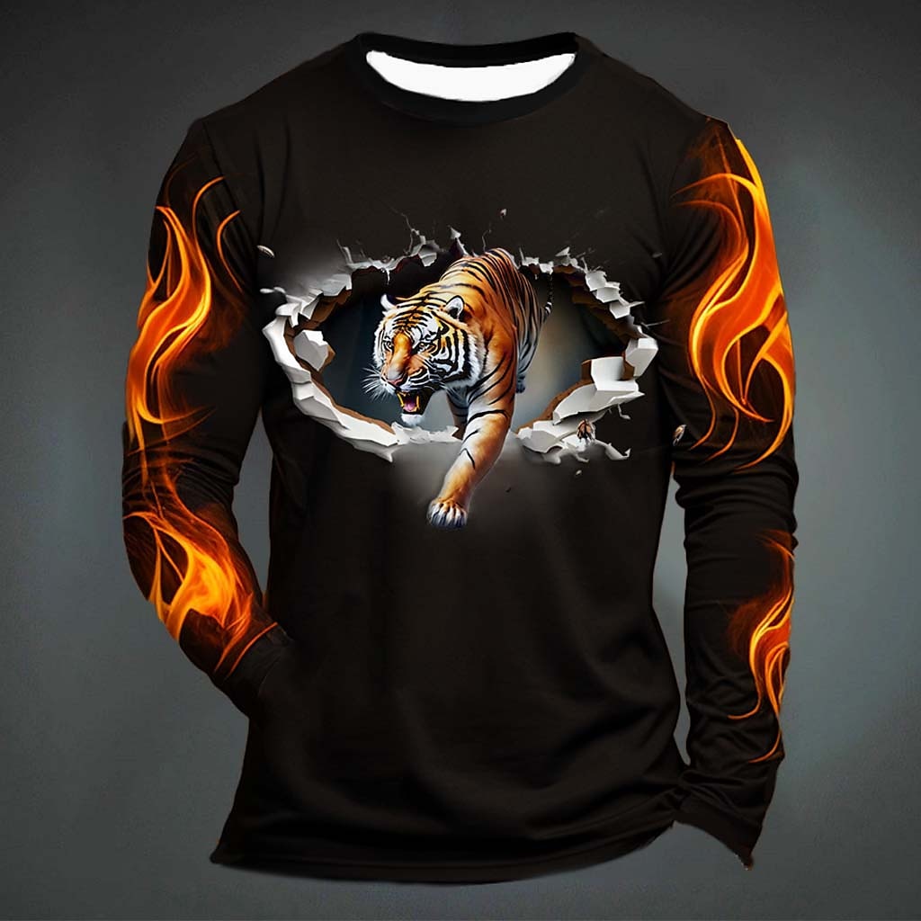 Mens Fashion Clothes - Lustiges Tiger-Print-T-Shirt für Männer, lässig, O-Ausschnitt,